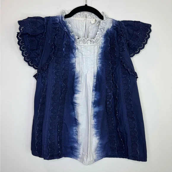 SEA New York "Evelyn" cotton tie dye blouse top XS blue white eylet lace ruffles - Picture 2 of 9